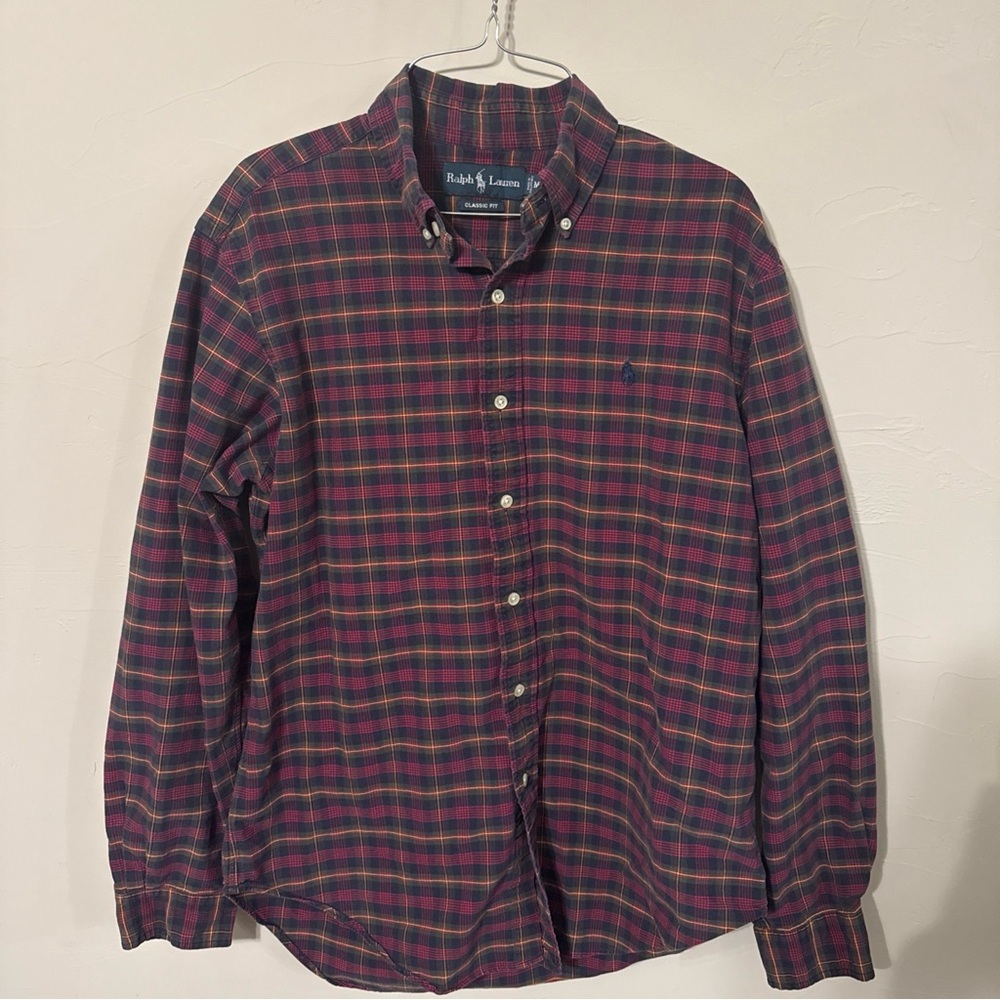 Ralph Lauren Shirt Mens Medium Maroon Plaid Blue Pony Classic Fit Button Down